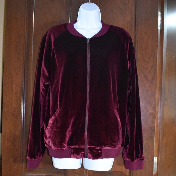 Aqua Burgundy Red Velvet Bomber Jacket Size Medium Full Zip Soft Retro Chic - Picture 2 of 10